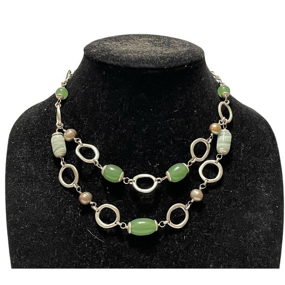 lauren conrad multichain necklace 15-18” silver tone green beaded chain Layer